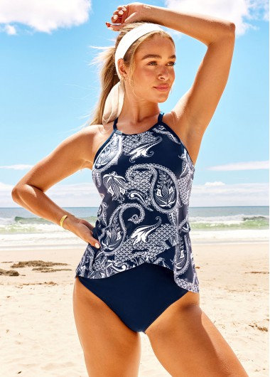 Modlily Cross Strap Navy Blue Paisley Print Tankini Set - XXL