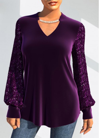 Modlily Christmas Design Sequin Velvet Stitching Purple T Shirt - S