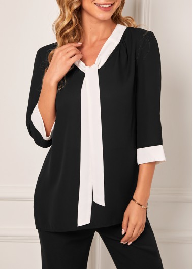 Modlily Black Contrast Tie Neck 3/4 Sleeve Blouse - XXL