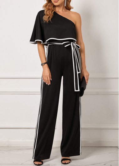 Modlily Black Contrast Stitch Skew Neck Flounce Belted Jumpsuit - L