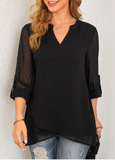 Modlily Crossover Hem Black Roll Tab Sleeve Blouse - XXL