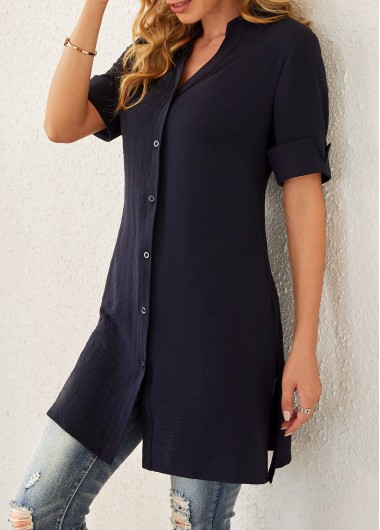 Modlily Split Neck Button Up Navy Blue Blouse - XXL