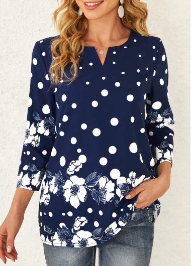 Modlily Floral Print Polka Dot Navy Blue T Shirt - M