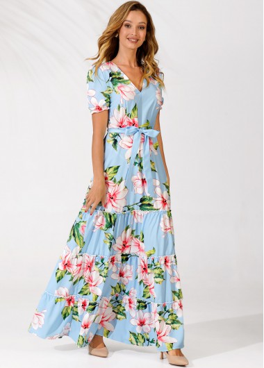 Modlily Floral Print Light Blue V Neck Belted Tiered Dress - XXL