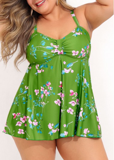 Floral Print Green Plus Size Swimdress Top | modlily.com - USD 38.98