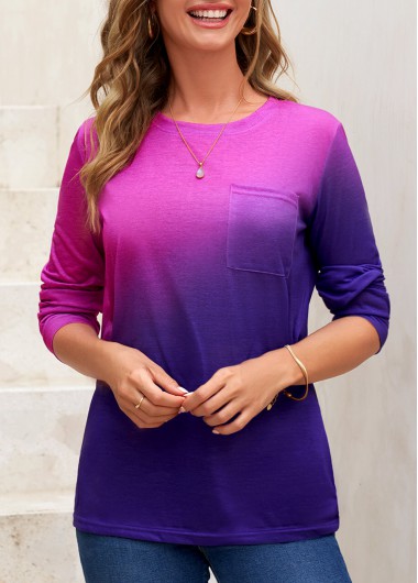 Modlily Pocket Ombre Contrast Purple Round Neck T Shirt - L