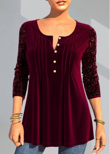 Modlily Velvet Stitching Christmas Design Wine Red T Shirt - M