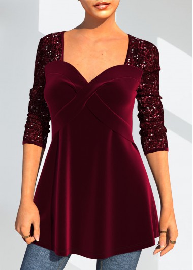 Modlily Sequin Velvet Stitching Sweetheart Neckline Wine Red T Shirt - M