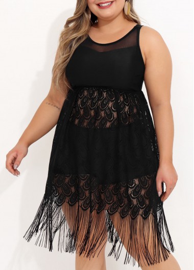Modlily Lace Stitching Black Tassel Plus Size Swimdress Top - 1X
