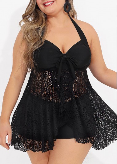 Modlily Plus Size Asymmetric Hem Black Tie Front Swimdress Top - 3X