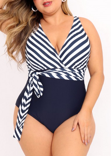 Modlily Striped Navy Blue Plus Size One Piece Swimwear - 2X