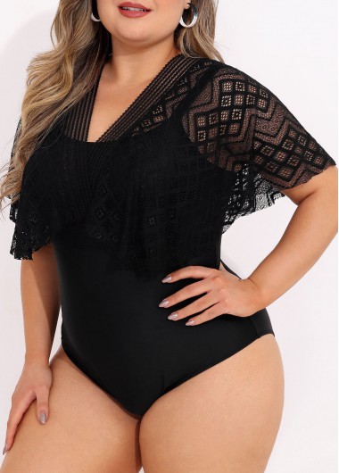 Modlily Plus Size Black Lace Stitching One Piece Swimwear - 1X