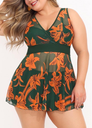 Modlily Plus Size Floral Print Olive Green Swimdress and Shorts - 2X