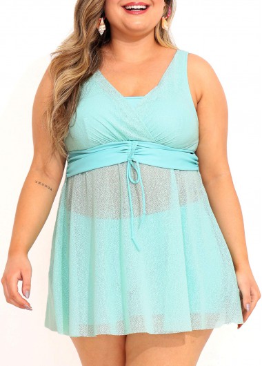 women clothes image of High Waisted Plus Size Drawstring Blue Tankini Set