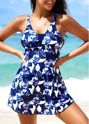 Modlily Blue Floral Print Wide Strap Swimdress and Panty - M