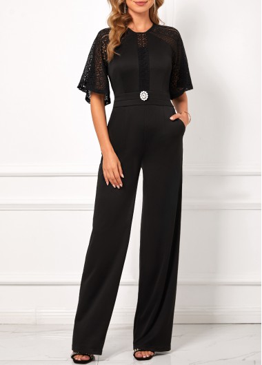 Modlily Lace Stitching Black Decorative Button Jumpsuit - L