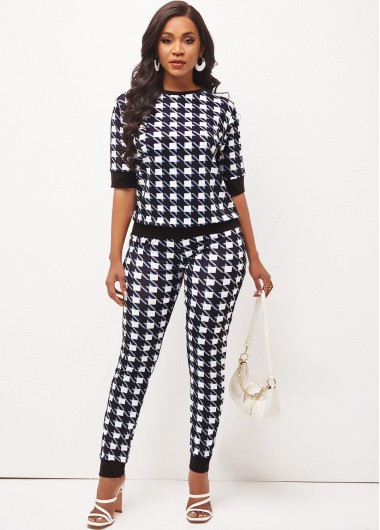 Modlily Plaid Black Half Sleeve Round Neck Top and Pants - XL