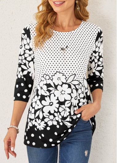 Modlily Floral Print Polka Dot Color Block T Shirt - S