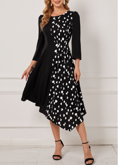 Polka Dot Black Asymmetric Hem Dress  -  
