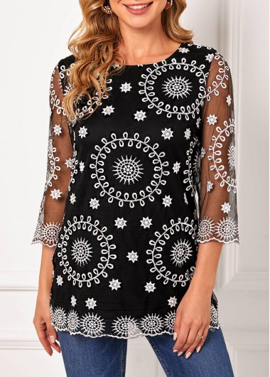 Modlily Lace Stitching Embroidered Black 3/4 Sleeve T Shirt - S