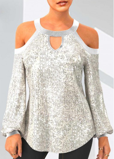 Modlily Cold Shoulder Long Sleeve Sequin Silver T Shirt - L