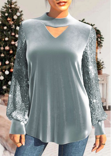 Sequin Long Sleeve Grey Velvet Stitching T Shirt | modlily.com - USD 35.98