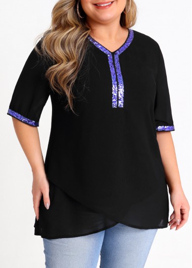 Modlily Plus Size Black Sequin Half Sleeve Blouse - 2X