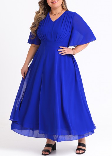 Modlily Royal Blue Plus Size V Neck Dress - 3X