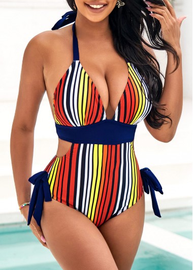 Modlily Striped Bowknot Side Halter One Piece Swimwear - M