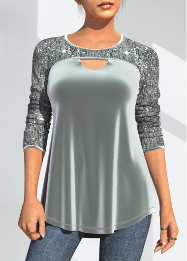 Modlily Sequin Velvet Stitching Cutout Design Grey T Shirt - L