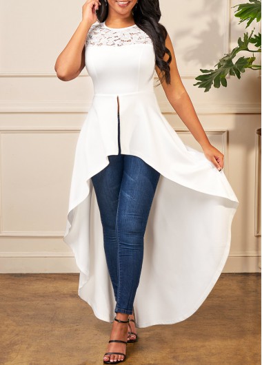 Modlily Lace Stitching Dip Hem White Blouse - XXL