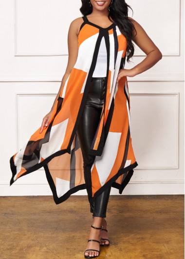 Modlily Asymmetric Hem Sleeveless Contrast Stitch T Shirt - XXL