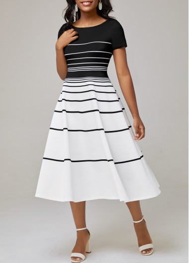 Modlily Striped Color Block Boat Neck Dress - S