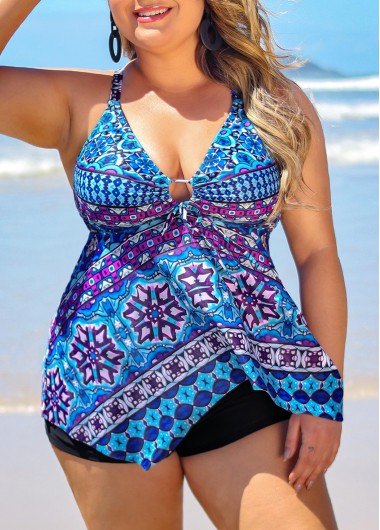Modlily Tribal Print Plus Size Asymmetric Hem Blue Tankini Top - 1X