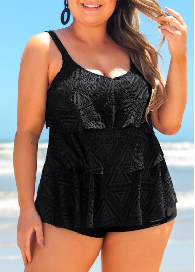 Modlily Plus Size Black Lace Layered Hem Tankini Top - 1X