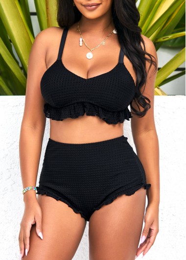 Modlily High Waisted Black Flounce Criss Cross Back Bikini Set - XL