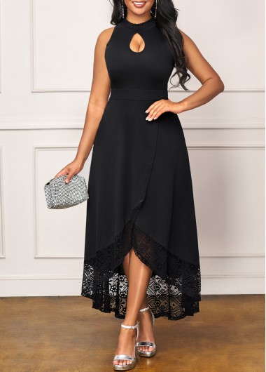 Modlily Keyhole Neckline Lace Stitching Black Crossover Hem Dress - L