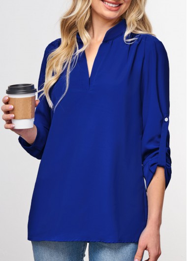 Modlily Split Neck Roll Tab Sleeve Royal Blue Blouse - S
