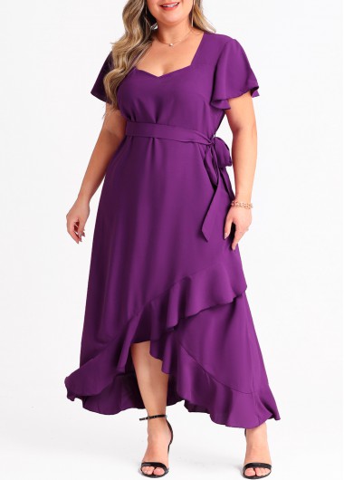 Modlily Plus Size Flounce Purple Red Belted Wrap Dress - 3X