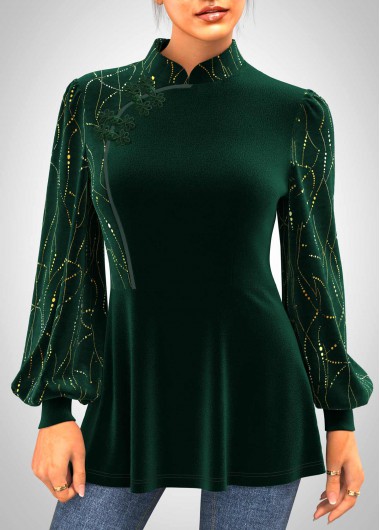 Modlily Hot Stamping Mandarin Collar Dark Green Blouse - S