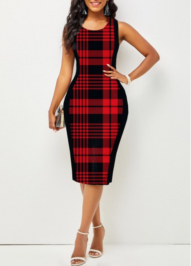 Modlily Plaid Red Round Neck Sleeveless Bodycon Dress - XXL