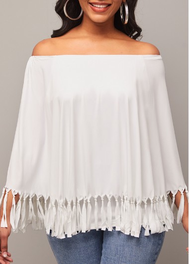 Modlily Tassel Off Shoulder White Layered T Shirt - L