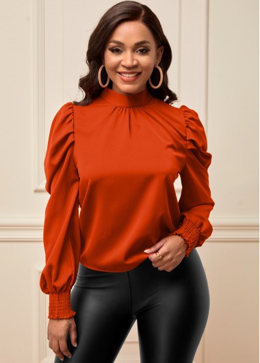 Modlily Bowknot Back Smocked Orange Mock Neck Blouse - L