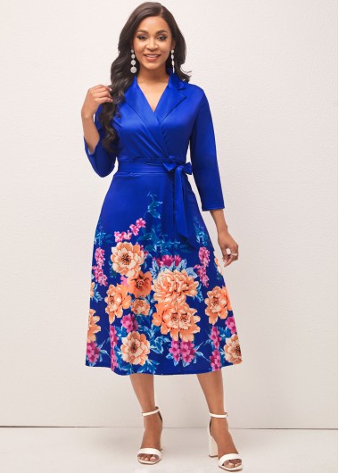 Modlily Navy Blue Floral Print Belted V Neck Dress - M