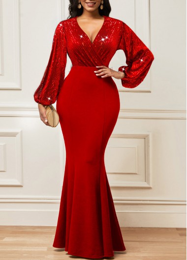 Modlily Sequin Lantern Sleeve Deep V Neck Red Dress - M