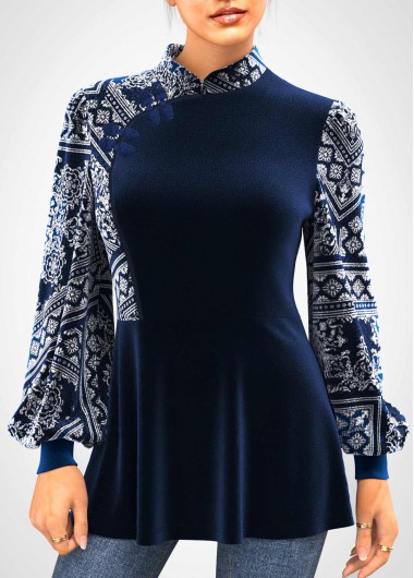 Modlily Long Sleeve Navy Blue Velvet Stitching Blouse - M