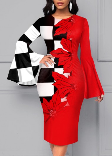 Modlily Flare Sleeve Floral Print Red Dress - M