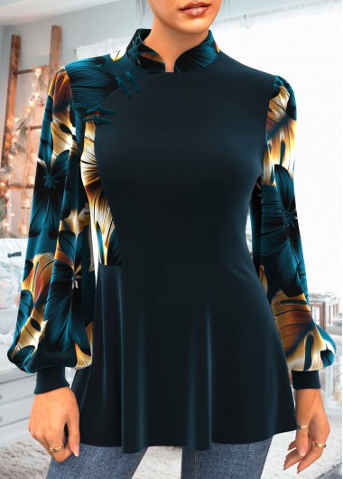 Modlily Mandarin Collar Blackish Green Floral Print Velvet Blouse - L