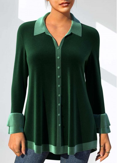 Modlily Velvet Stitching Turndown Collar Dark Green Blouse - L
