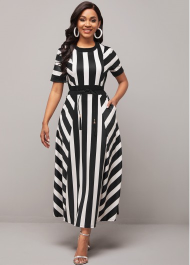 Modlily Striped Round Neck Belted Color Block Dress - S